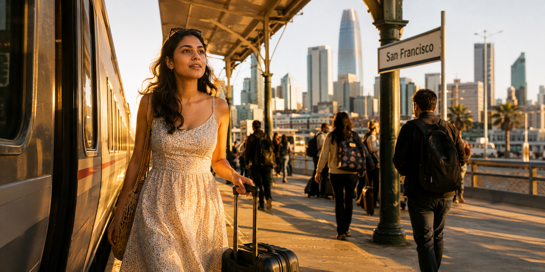 Woman arriving at sunny San Francisco train station with suitcase