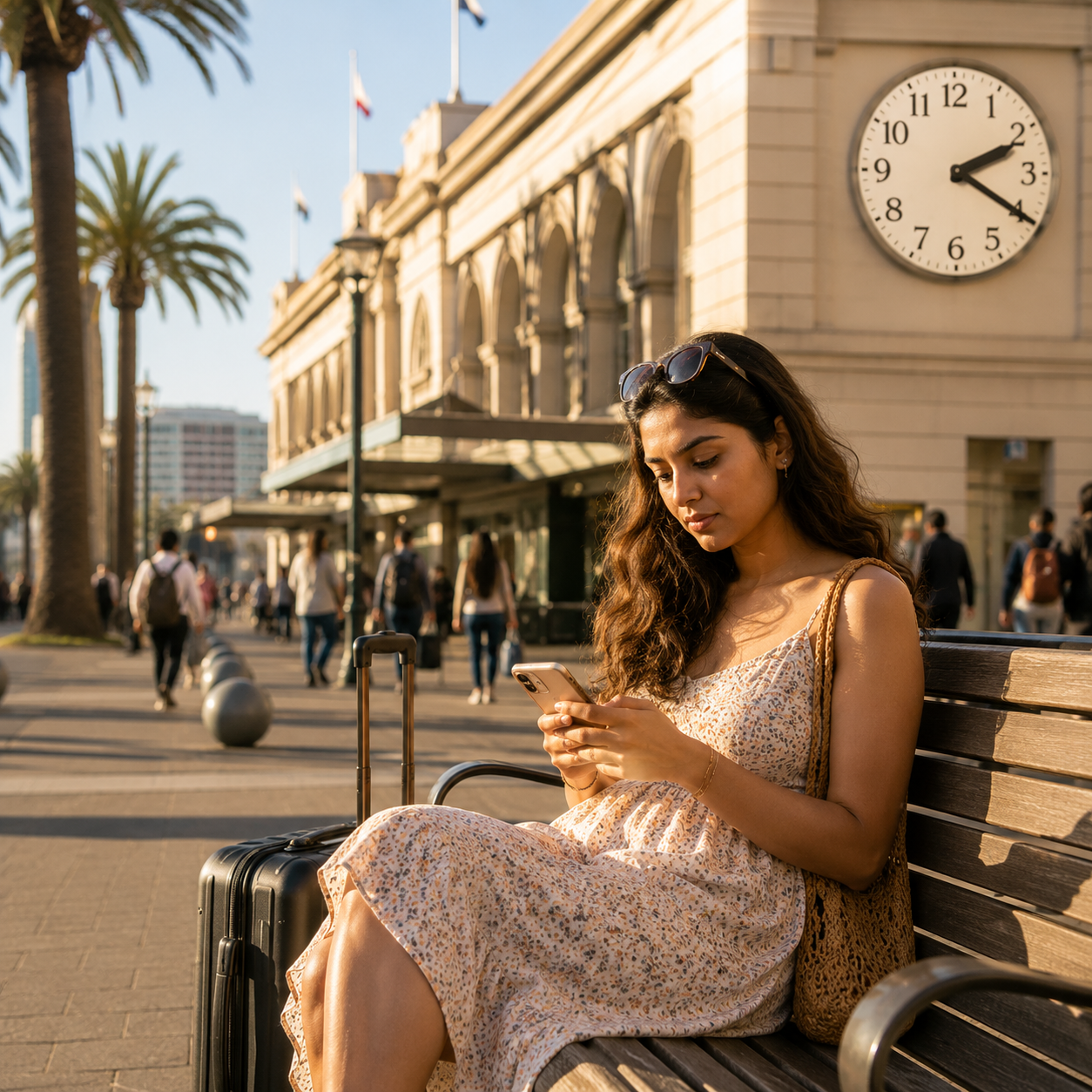 Woman sitting on bench with suitcase, looking at phone, sunny plaza