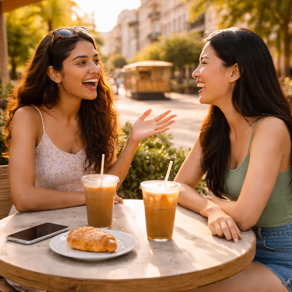 Two friends laughing over iced coffees at a sunny SF cafe