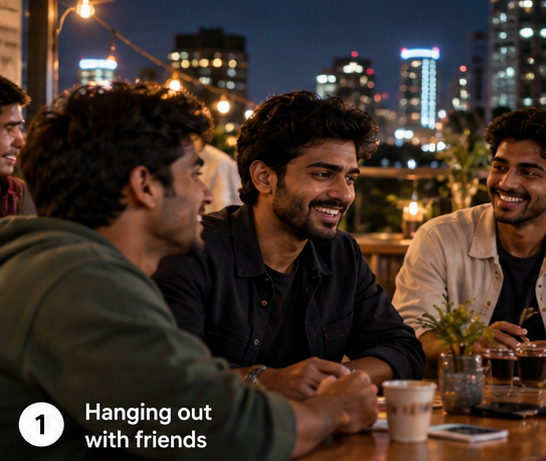 Group of friends hanging out together at a rooftop cafe at night