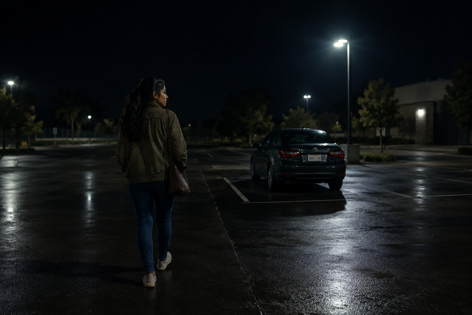 Woman walking alone through a dark empty parking lot