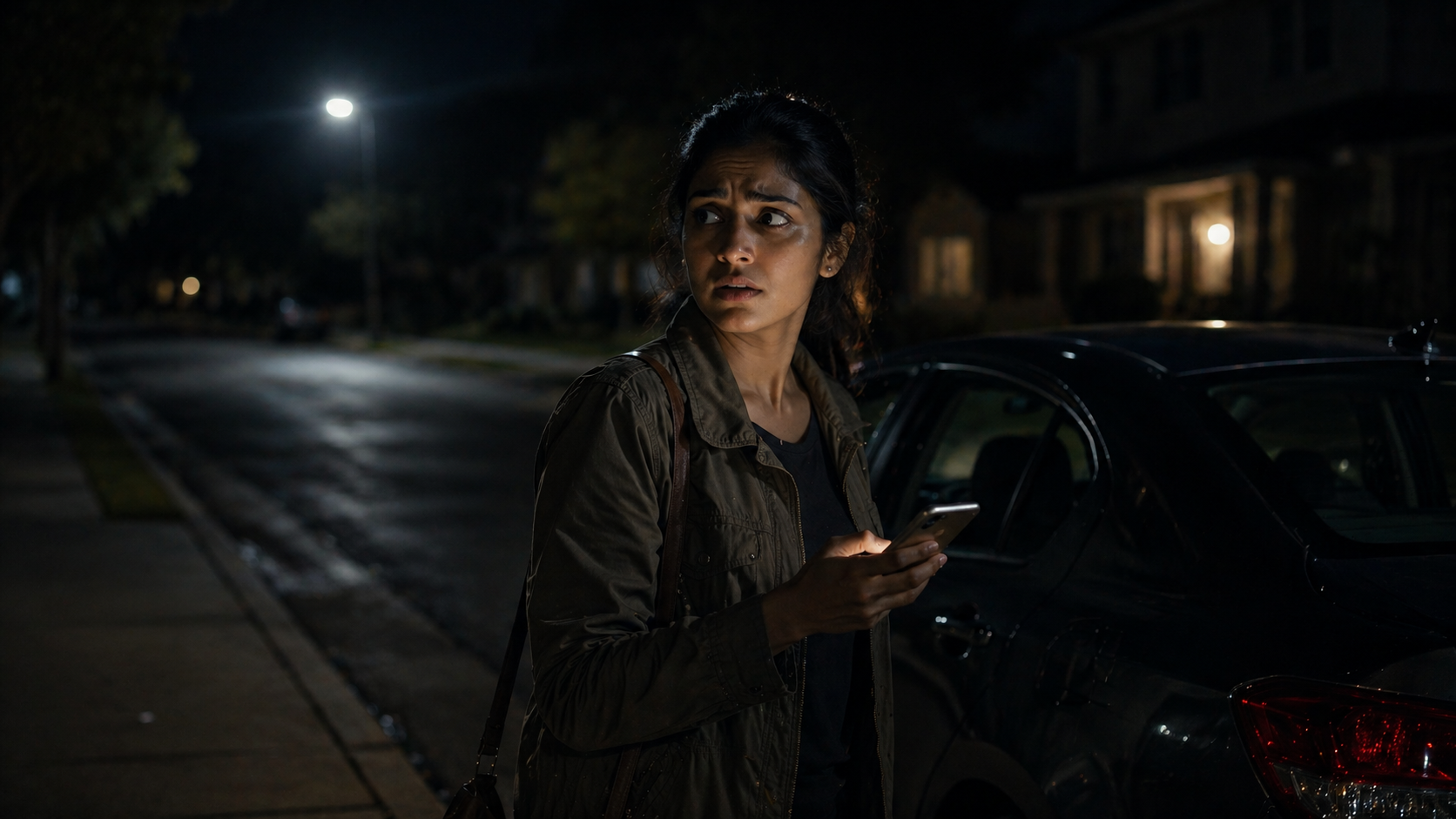 Woman by car at night, worried, phone in hand