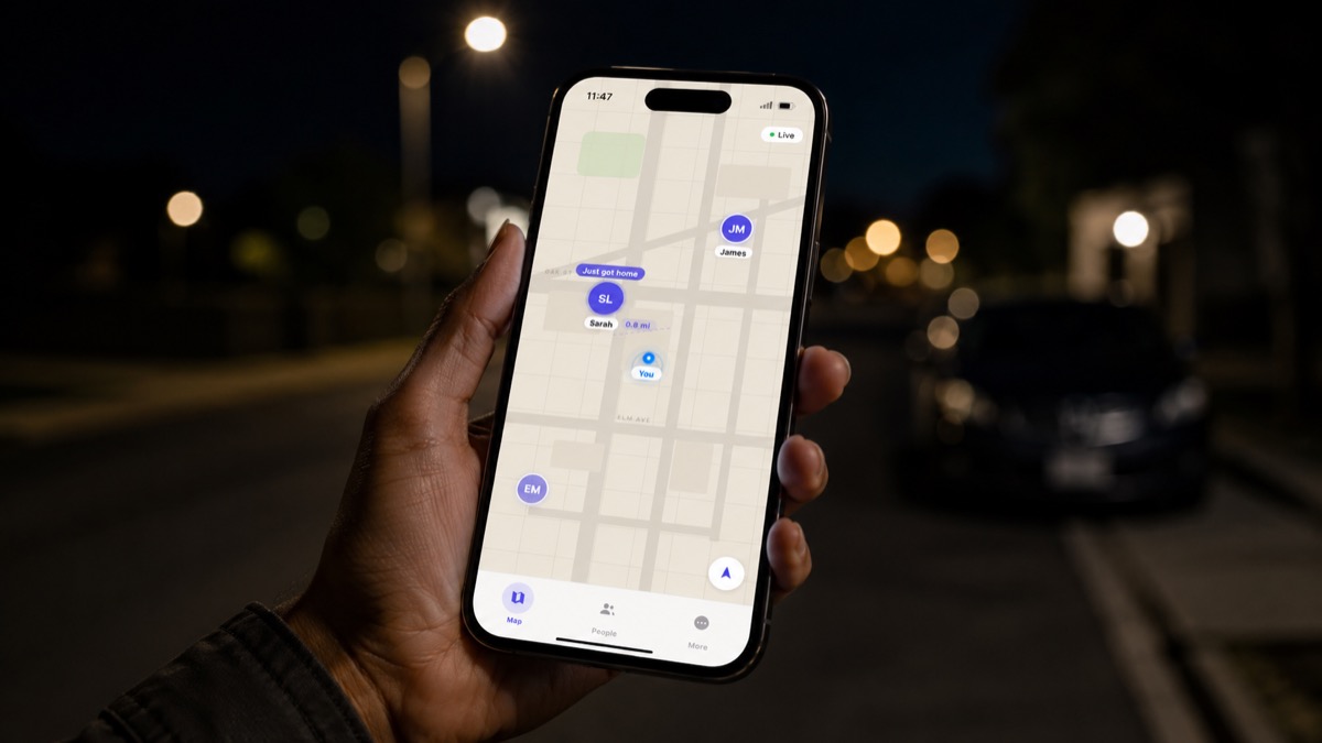 Phone showing Nubylo map with nearby friend