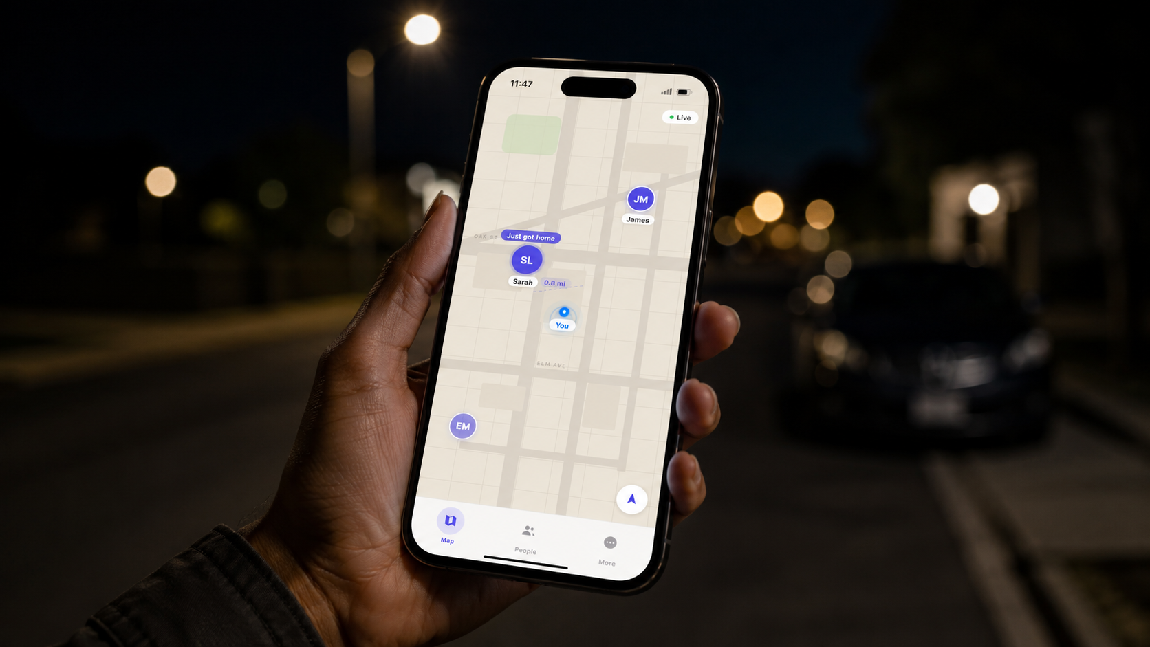 Phone showing Nubylo map with nearby friend