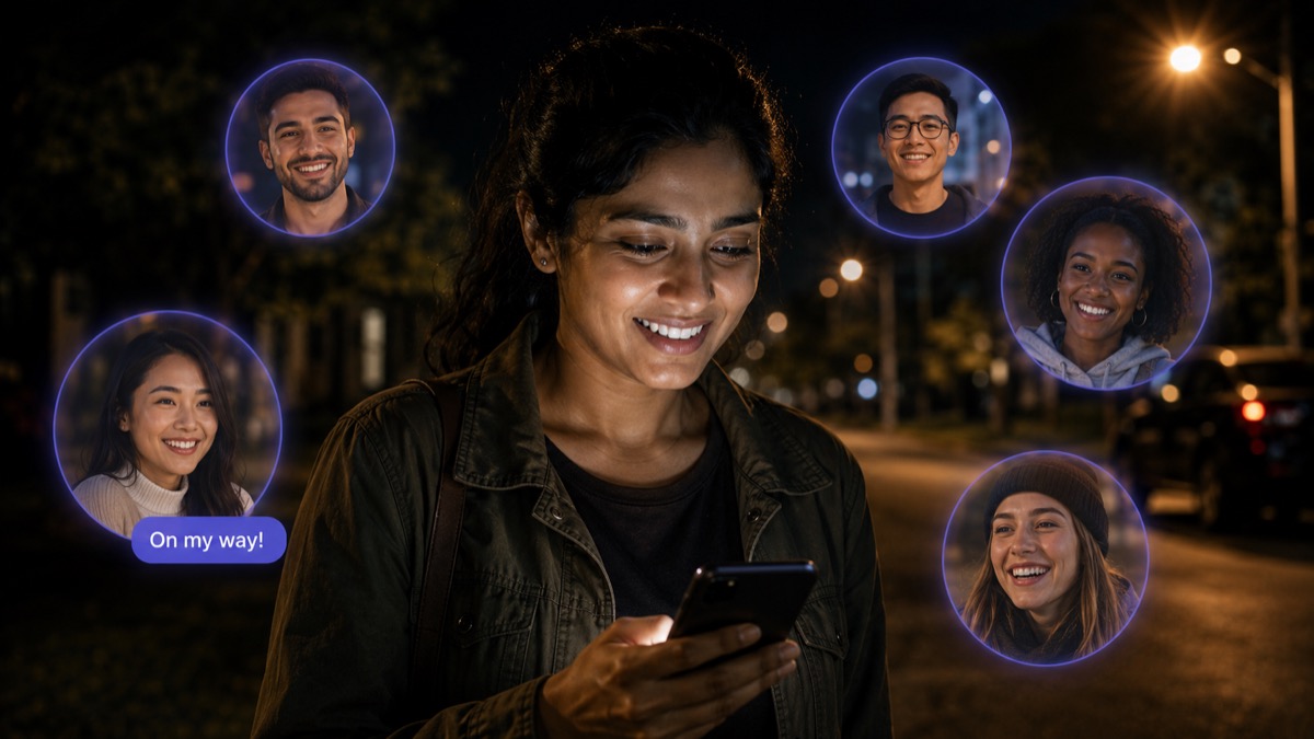 Woman smiling, surrounded by friend circles