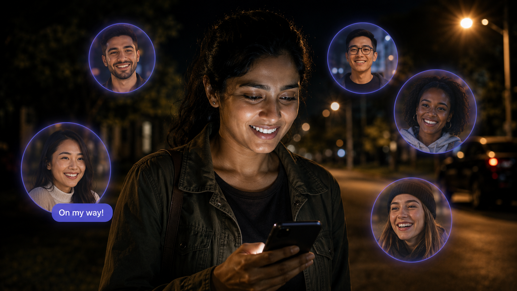 Woman smiling, surrounded by friend circles