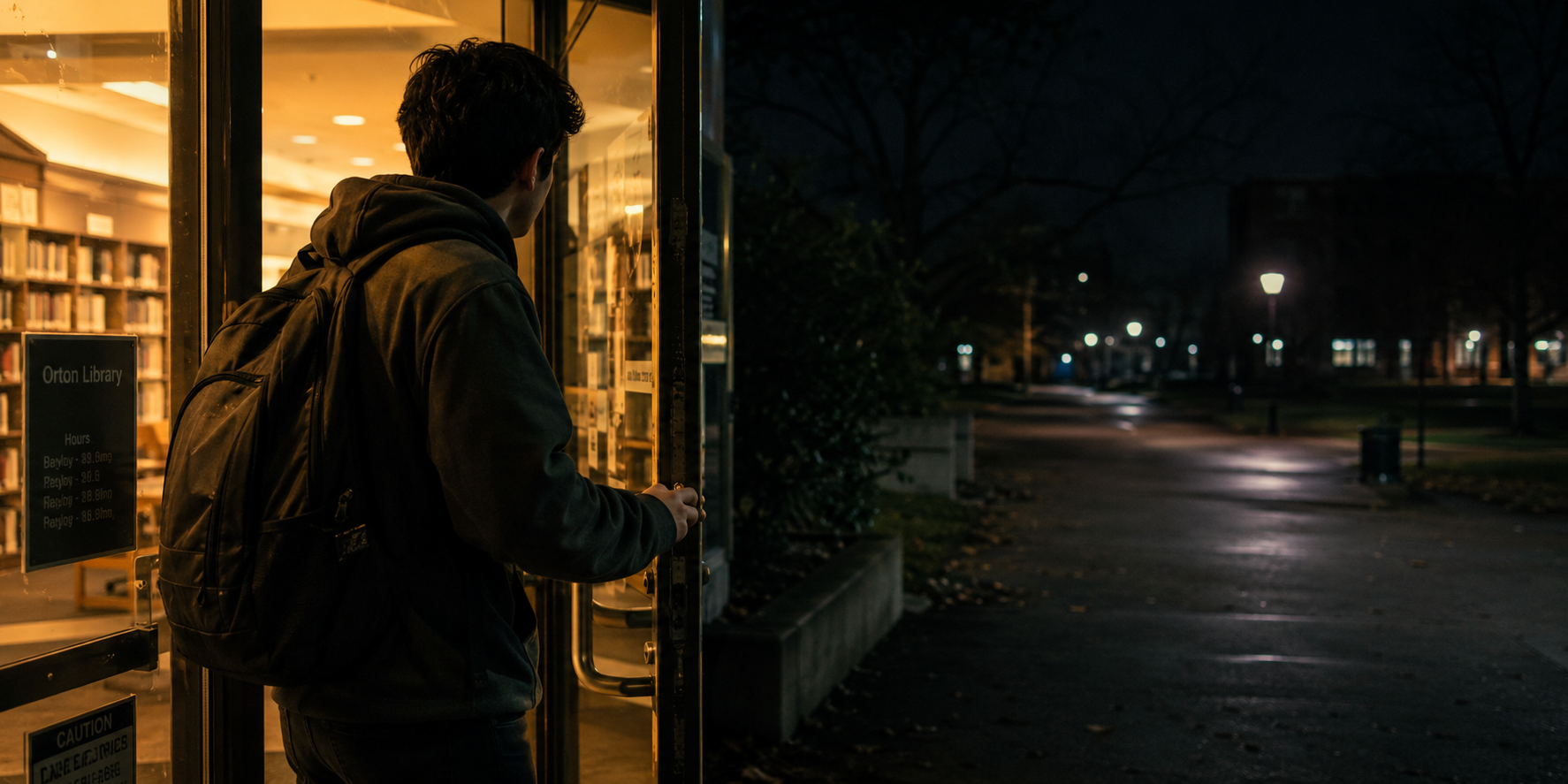 Student leaving library at night, stepping from light into darkness
