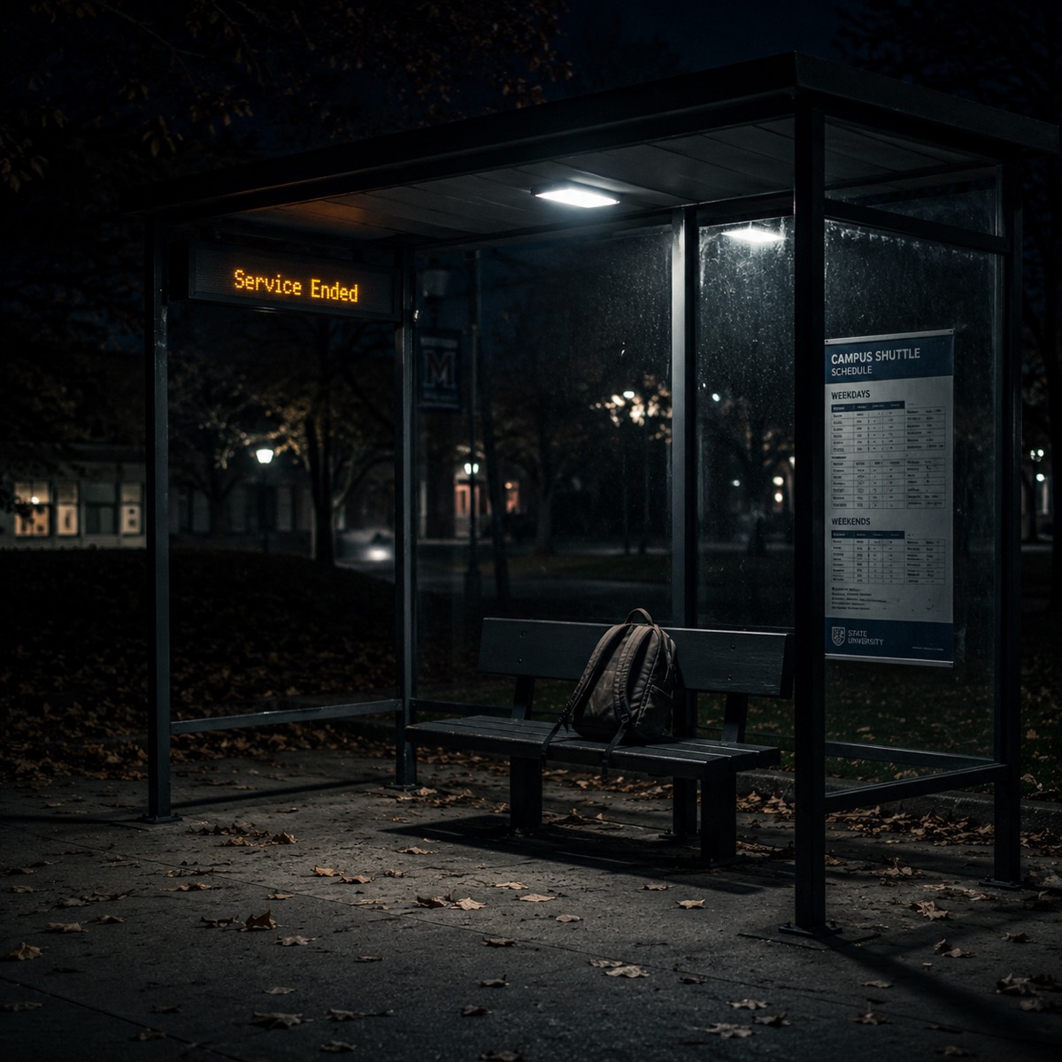 Empty bus stop at night, Service Ended sign