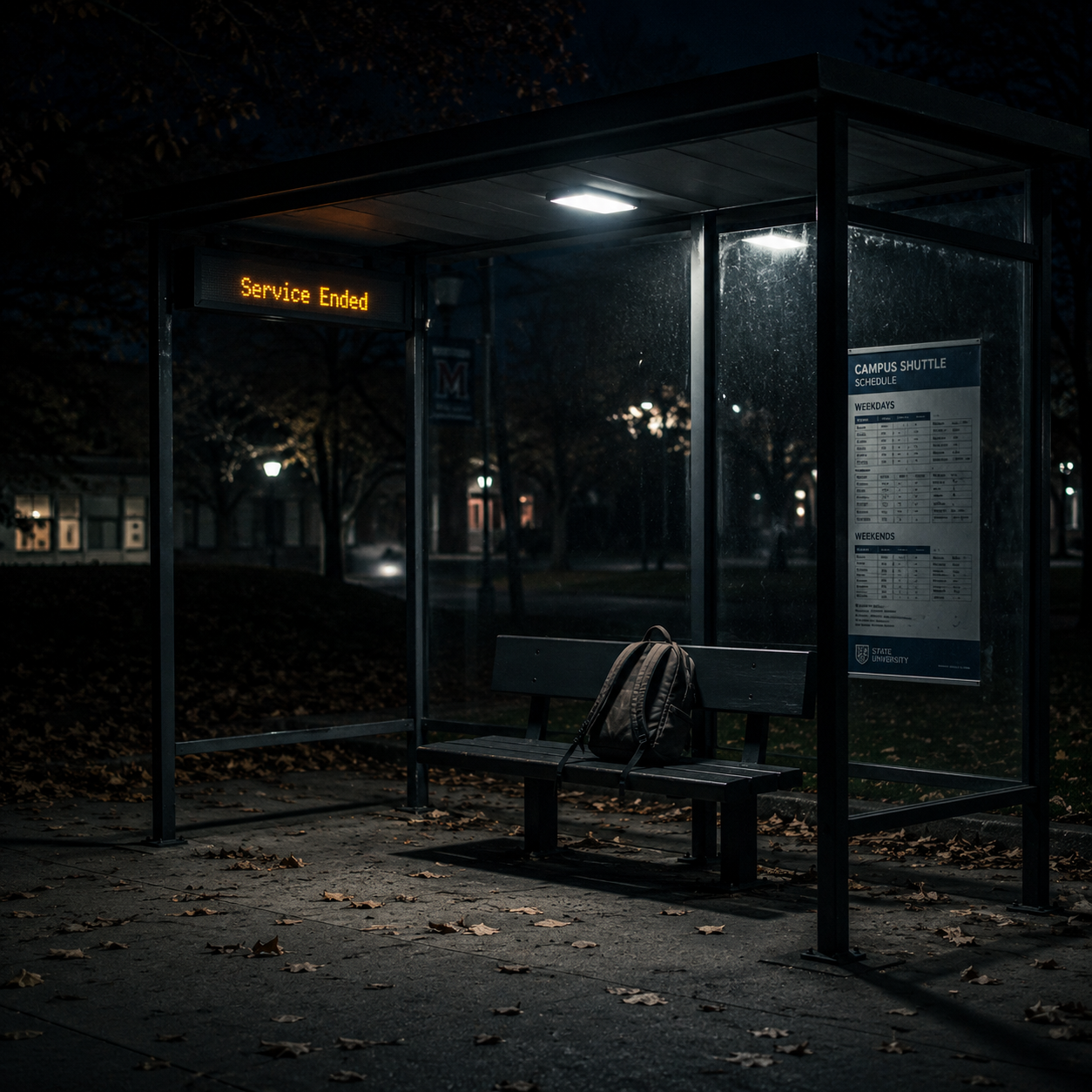 Empty bus stop at night, Service Ended sign