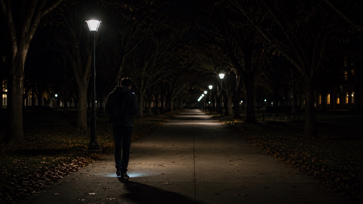 Student walking alone on dark campus path
