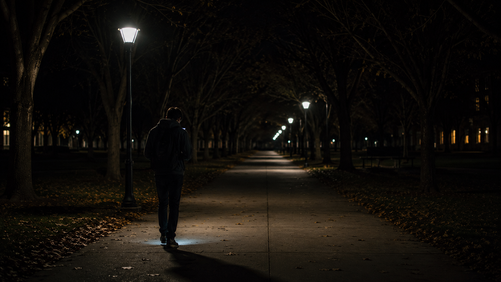 Student walking alone on dark campus path