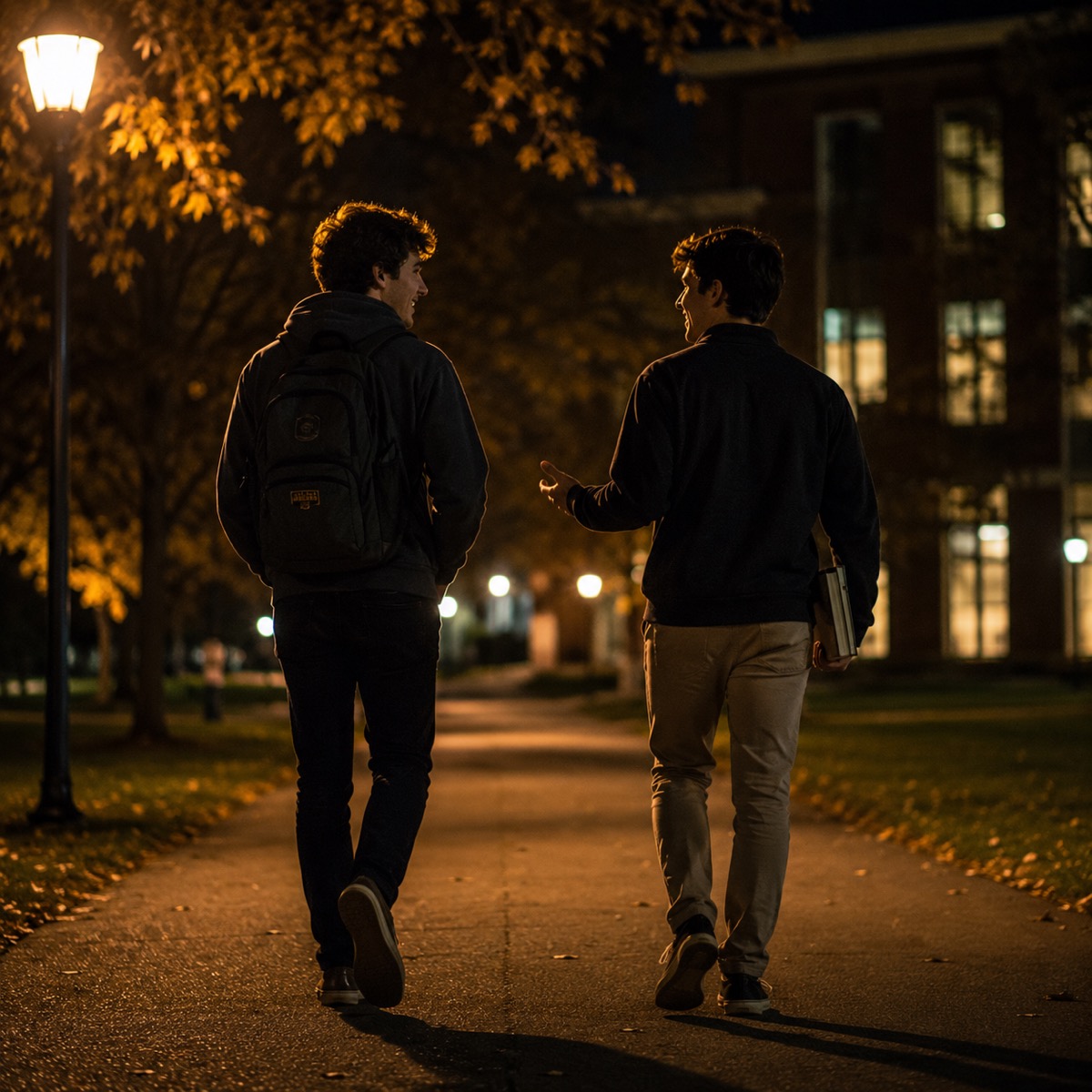 Two friends walking home together at night