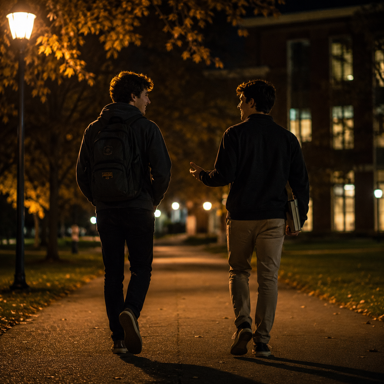 Two friends walking home together at night